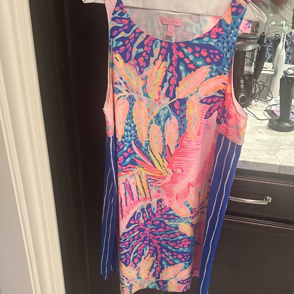 Lilly Pulitzer Pink Blue Multicolor Tropical Silk Shift Dress